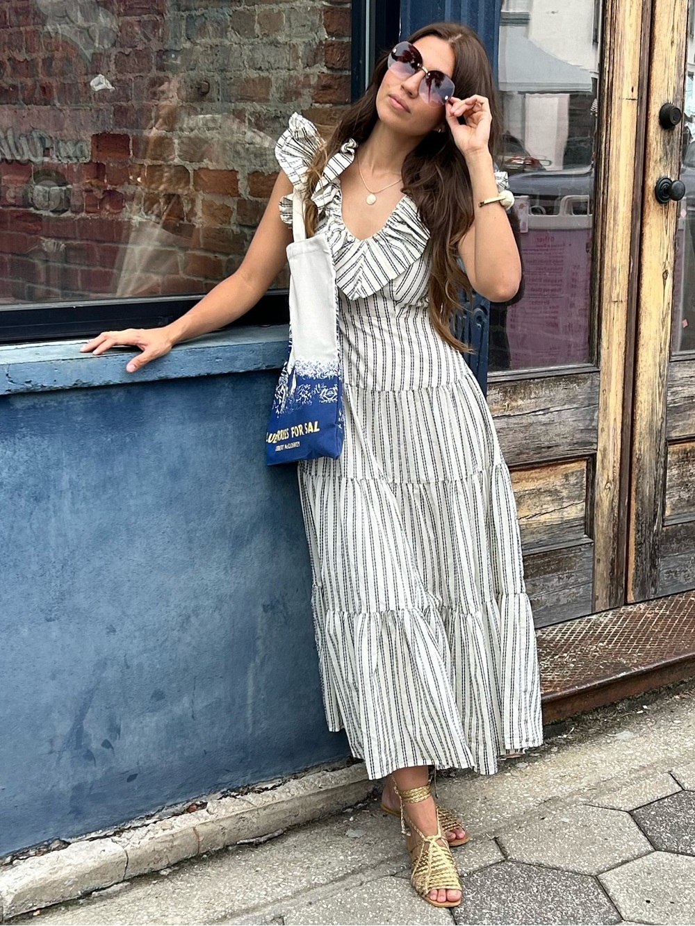 Striped Ruffle Tiered Maxi Dress in White and Gray